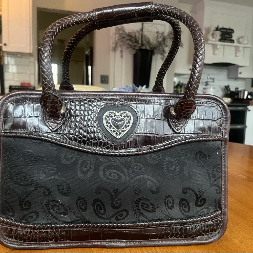 Brown and Black Satchel with Heart Embellishment